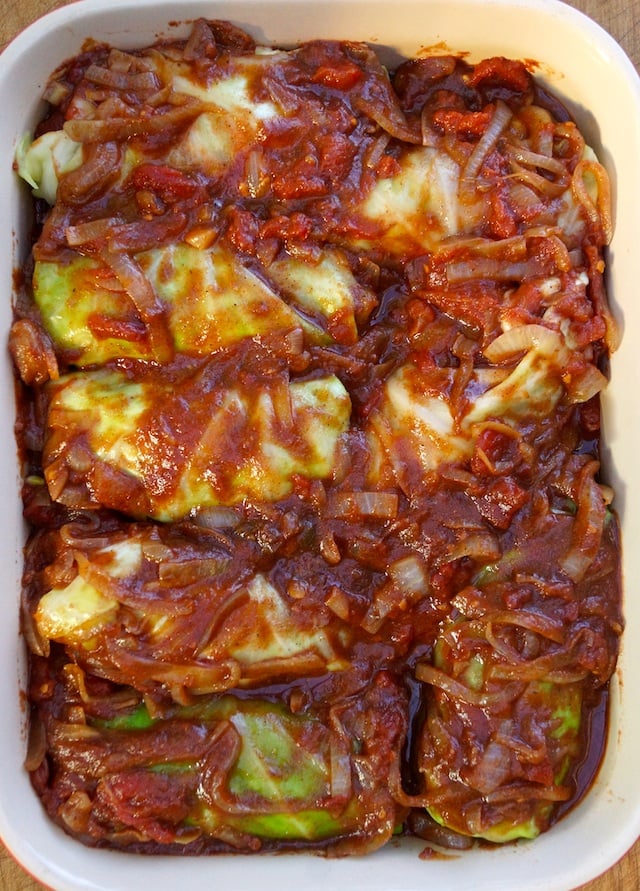 Stuffed Cabbage Recipe with Tomato sauce in a baking pan