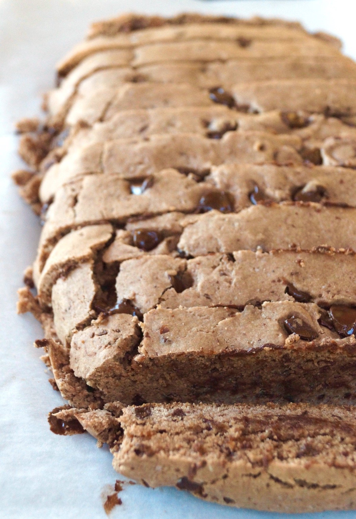 baked gluten-free chocolate biscotti, sliced