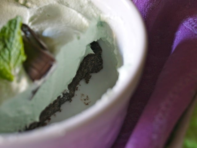 Individual Grasshopper Mousse Pie in a white rameking with a bite taken out of it, with mint leaf and chocolate mint.