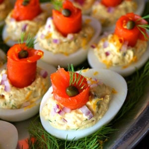 smoked salmon deviled eggs on silver tray