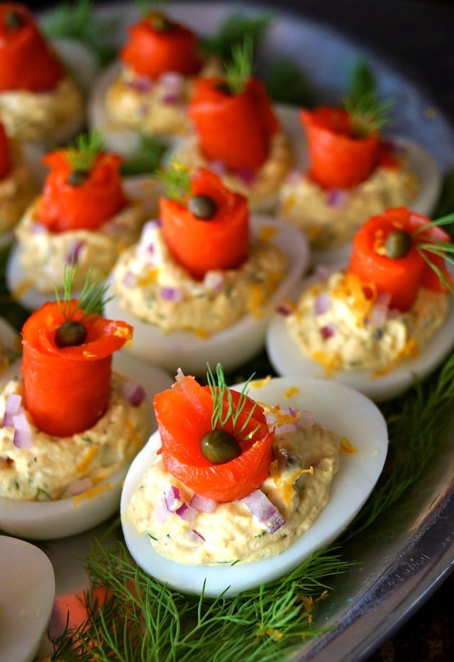 Salmon Deviled Eggs on a silver platter