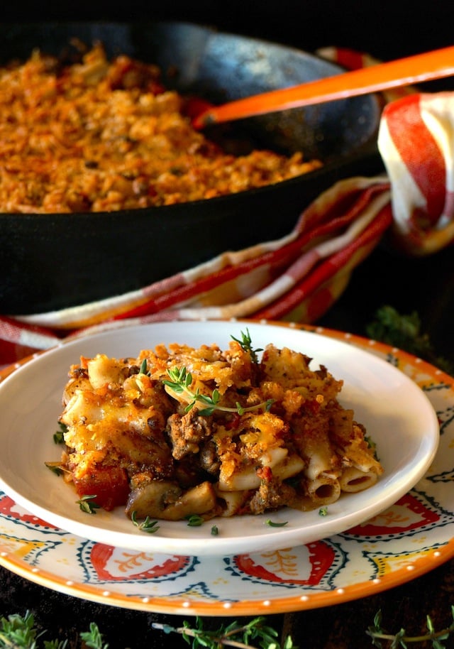 Spiced Lamb and Mushroom Penne Gratin -- This one-pan meal is rich, hearty, packed with warm flavors and is comfort food at its finest!