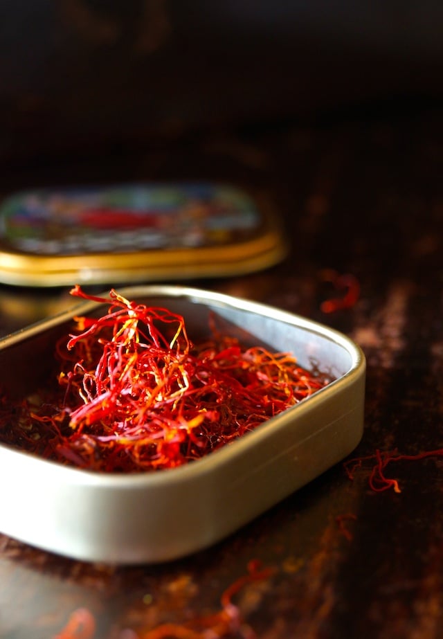 Small gold case of saffron threads for Saffron Basmati Rice Recipe with Fresh Dill .