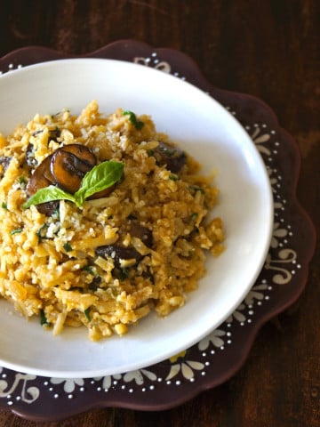 Sherry Mushroom Cauliflower "Risotto" -- Riced Cauliflower is the star of this rich and creamy, healthier "risotto." Basil, sherry and mushrooms make this a wonderfully earthy-flavored dish that your whole family will love!