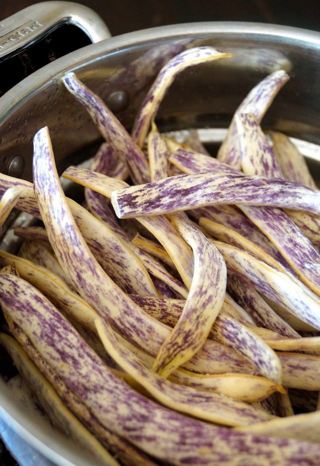 raw Dragon Beans in a steamer pot