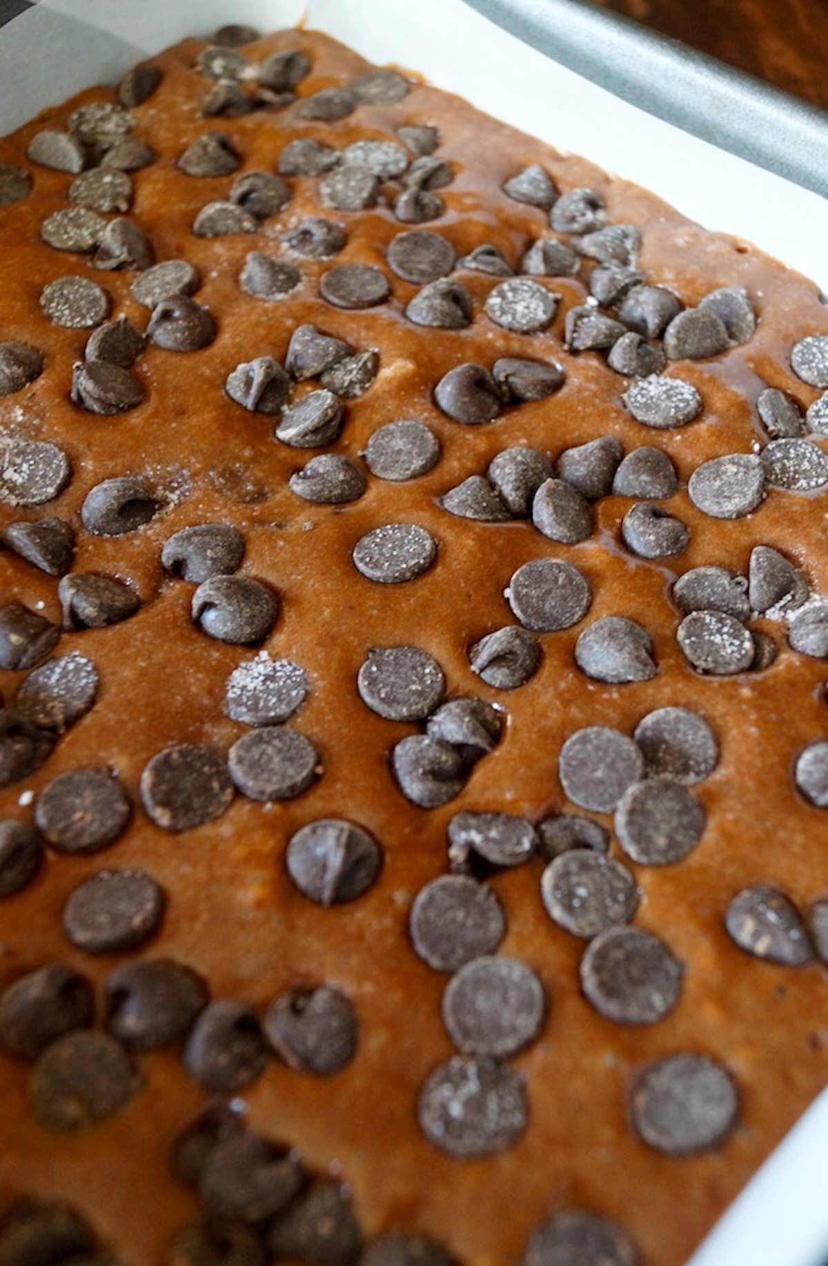 Gluten-Free-Brownie-Cake-Recipe Top view of brownie cake batter with chocolate chips - ready for the oven.