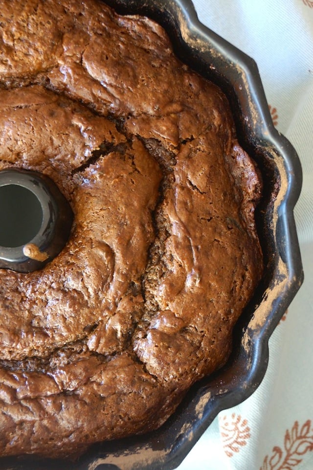 top view of whole Gluten-Free Chocolate Zucchini Cakein bundt pan