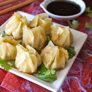 Several round dumplings on a white square plate with a small soy sauce dish in the background.