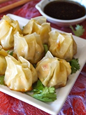Several round dumplings on a white square plate with a small soy sauce dish in the background.