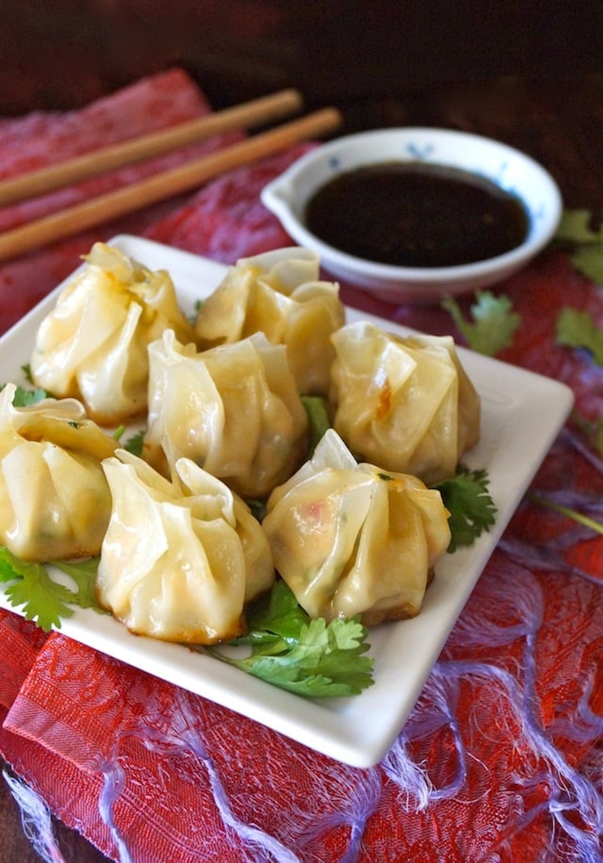 Chicken-Dumplings-Nepalese-Momo Several round dumplings on a white square plate with a small soy sauce dish in the background.