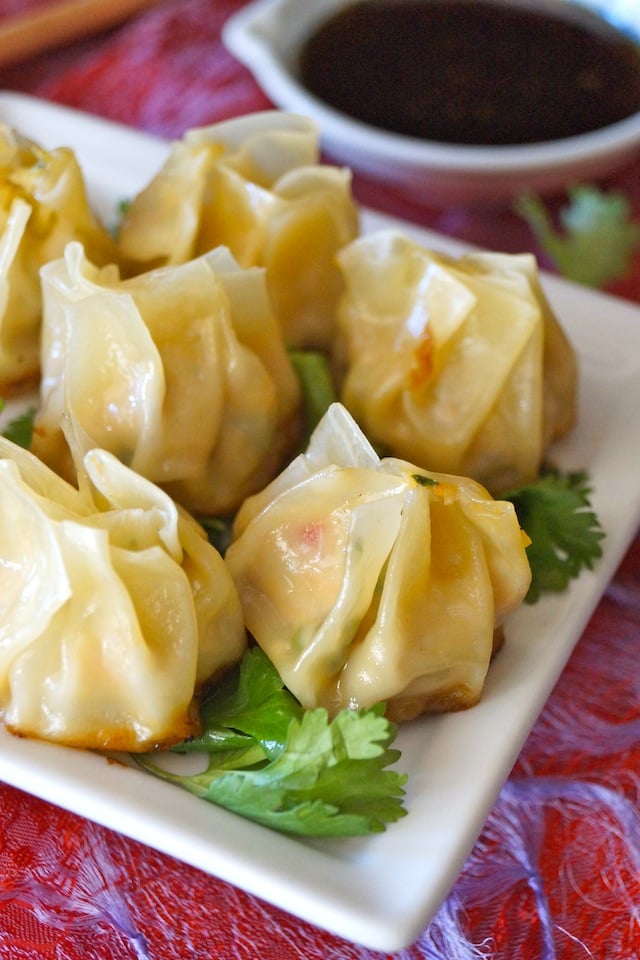 dumplings on white dish with cilantro and small bowl of dark sauce