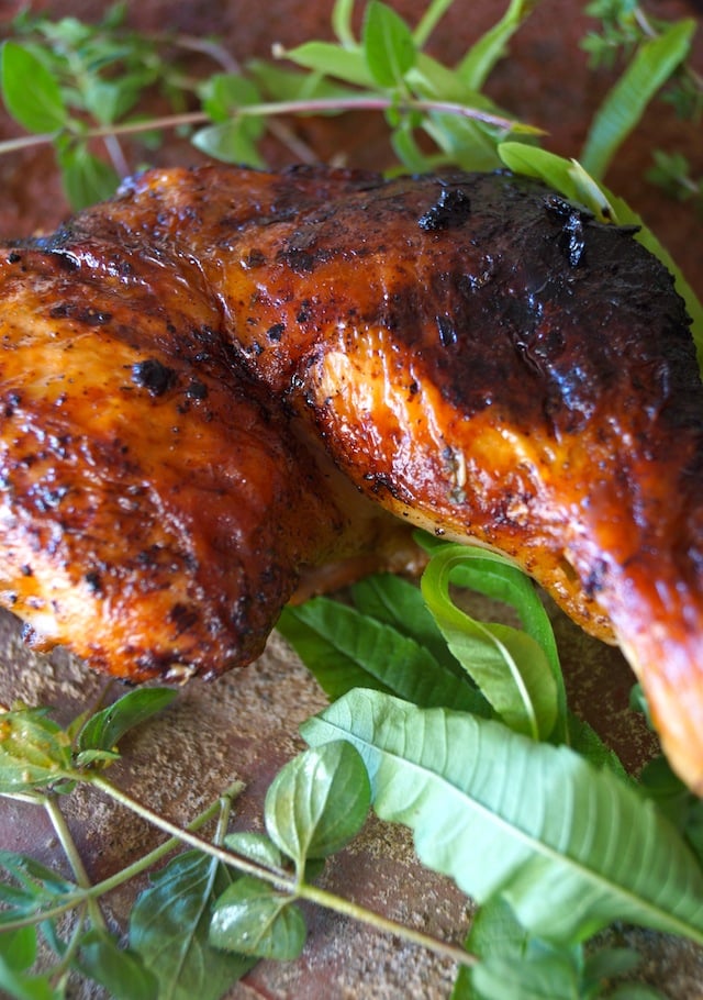 Thigh and leg of Smoky Paprika Lemon Herb Chicken Under a Brick on a brick with fresh herbs