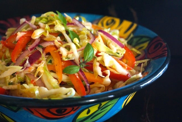 Asian Slaw Recipe with Basil in a gorgeous floral, blue ceramic bowl