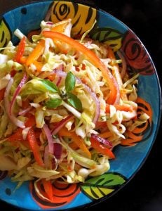 Asian slaw in a bright blue ceramic bowl painted with colorful flowers.
