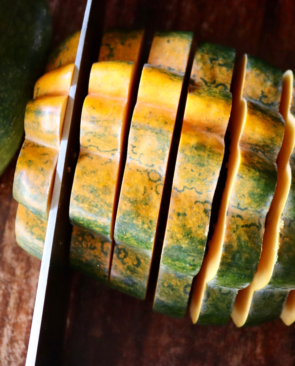 Half an acorn squash, round side up, cut into about ½ inch slices.