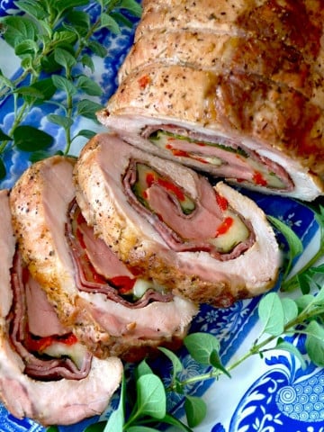 Salami-Provolone Pork Loin Recipe With Roasted Red Pepper and Spinach - a show stopping main course that's full with delicious flavors, and it's a lovely centerpiece on a holiday table.