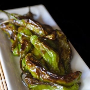 charred shishito peppers on long white plate