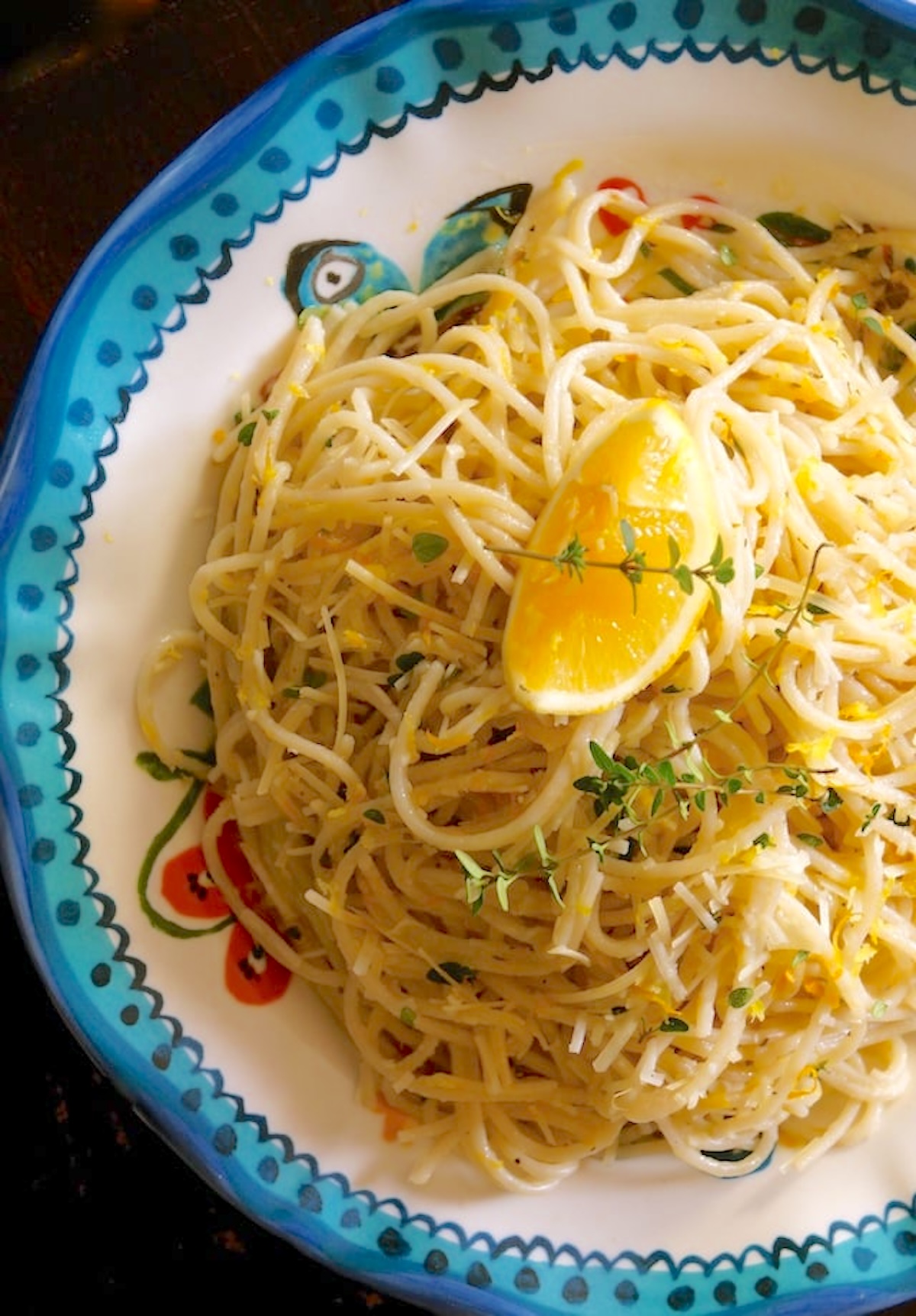 Meyer-Lemon-Spaghetti-with-Thyme Meyer Lemon Spaghetti with Thyme in a pretty blue-rimmed plate