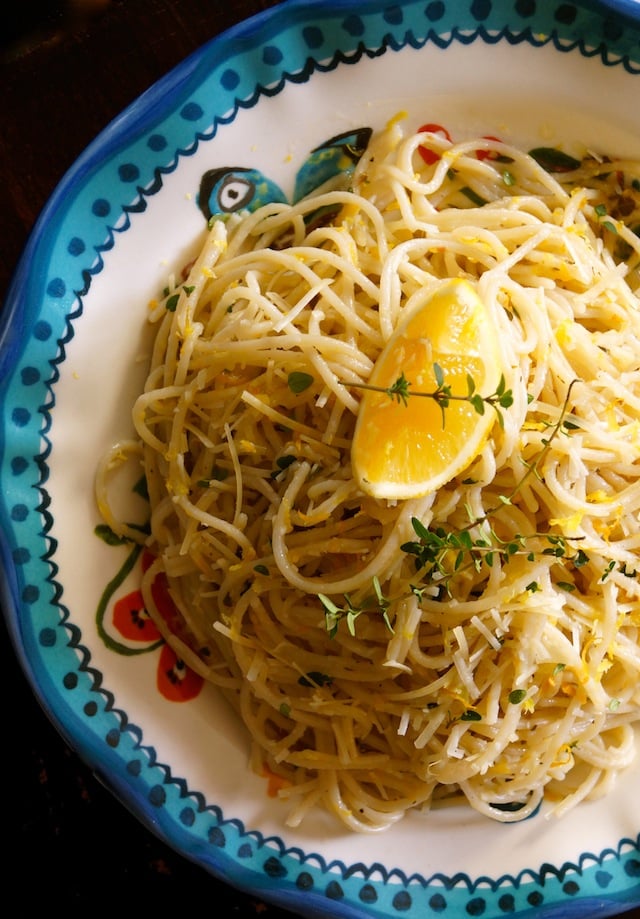 Meyer Lemon Spaghetti with Thyme in a pretty blue-rimmed plate