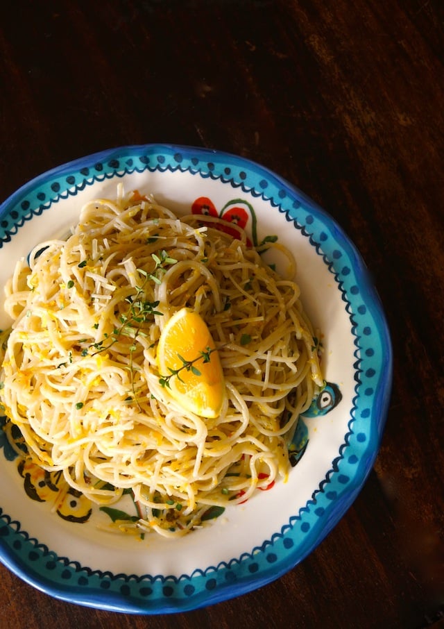 Meyer Lemon Spaghetti with Thyme in a pretty blue-rimmed plate
