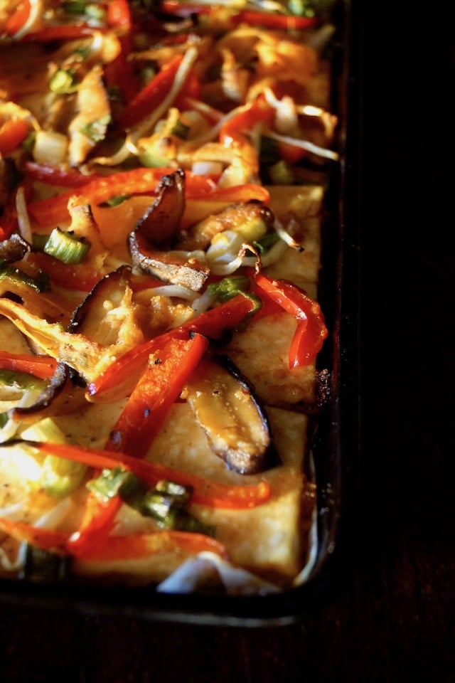 Baked Tofu Ginger Vegetables right out of the oven, on a baking sheet.