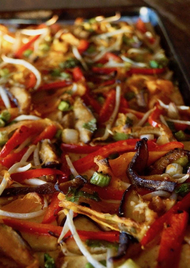 Baked Tofu Ginger Vegetables on a sheet pan. 