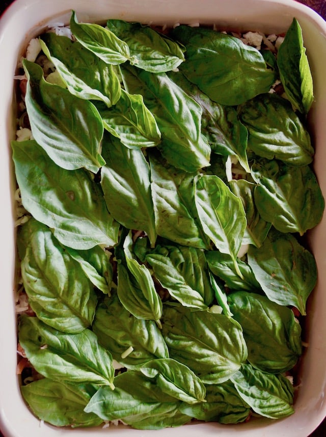 Greek-Style Lamb Lasagna Recipe in baking dish covered with fresh basil leaves