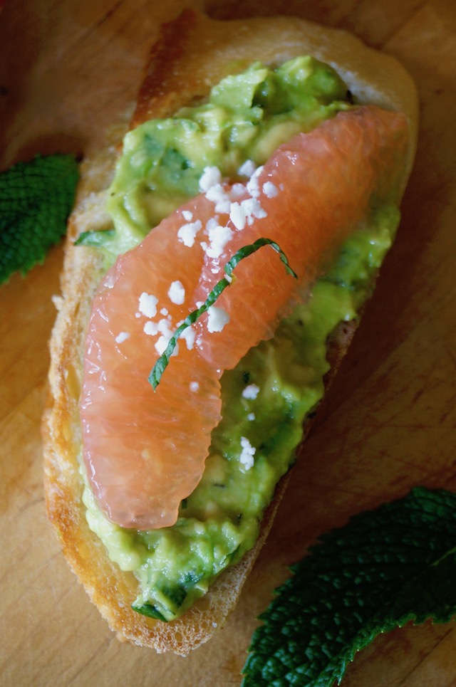 Avocado Toast Recipe with grapefruit and mint on cutting board