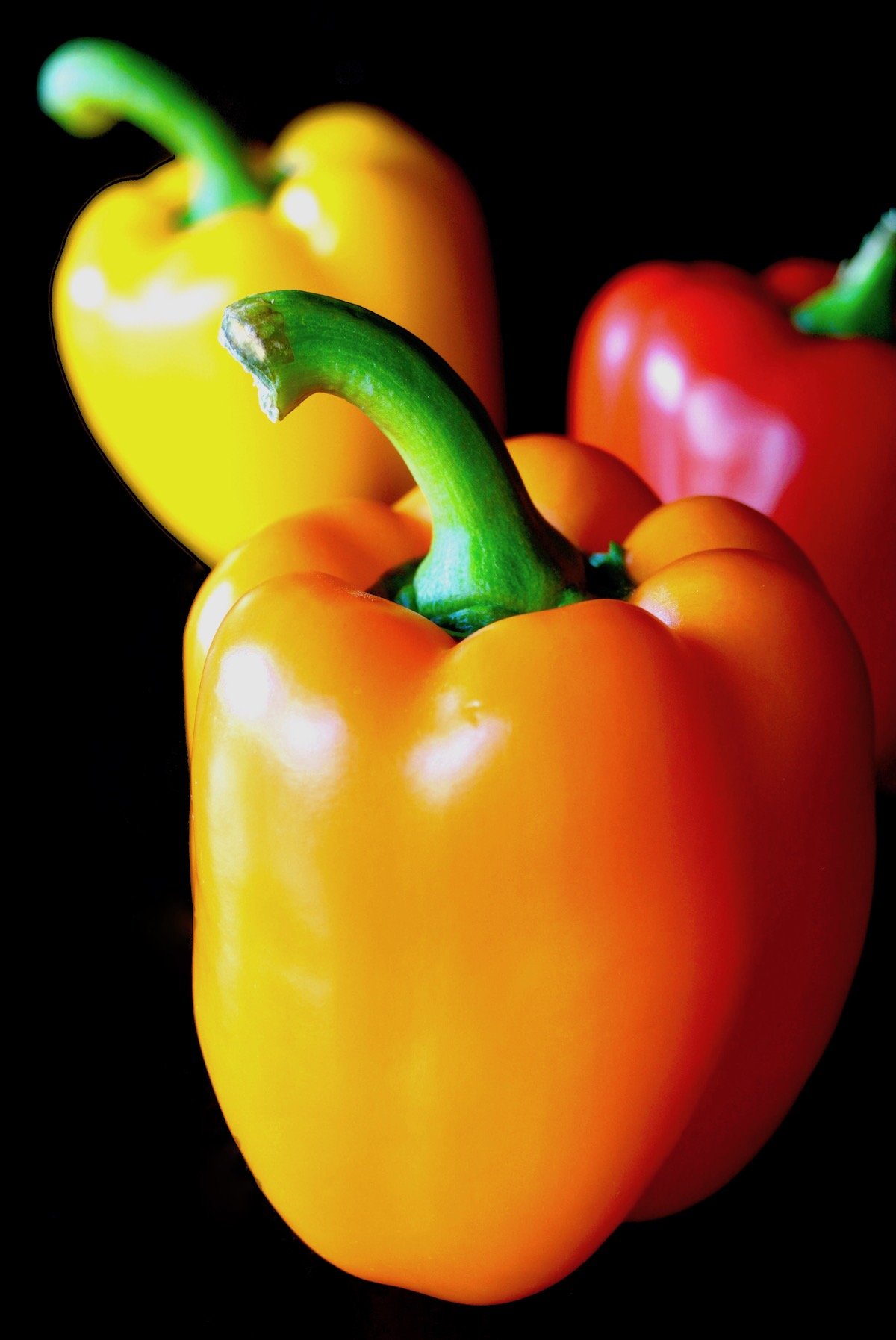 three bell peppers on black background - orange, yellow and red