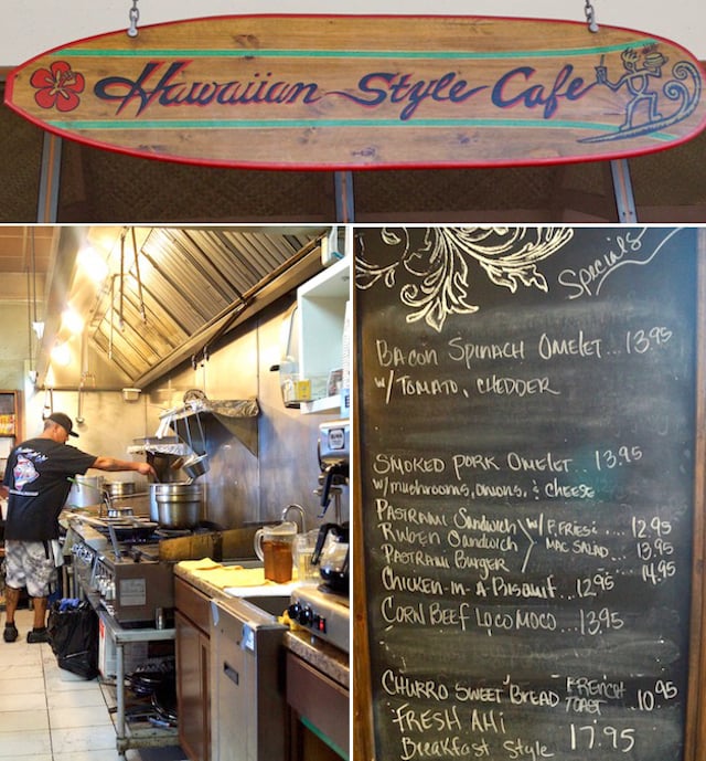 images of kitchen and chalkboard menu inside the Hawaiian Style Restaurant