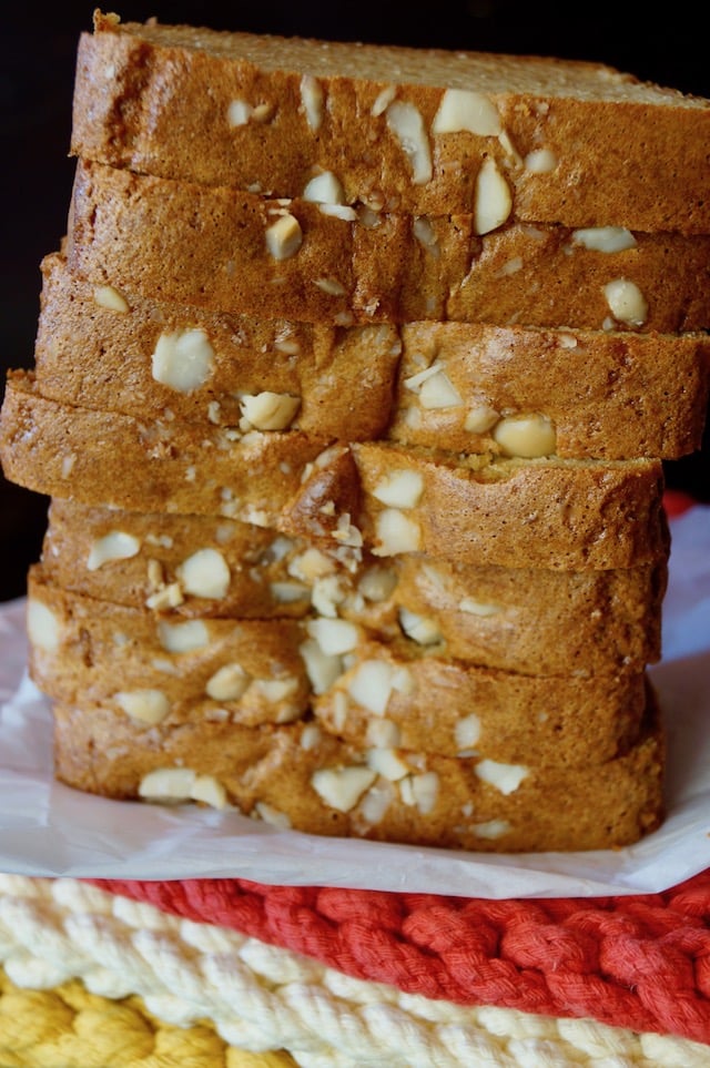 Gluten-Free Macadamia Honey Bread sliced and standing on end