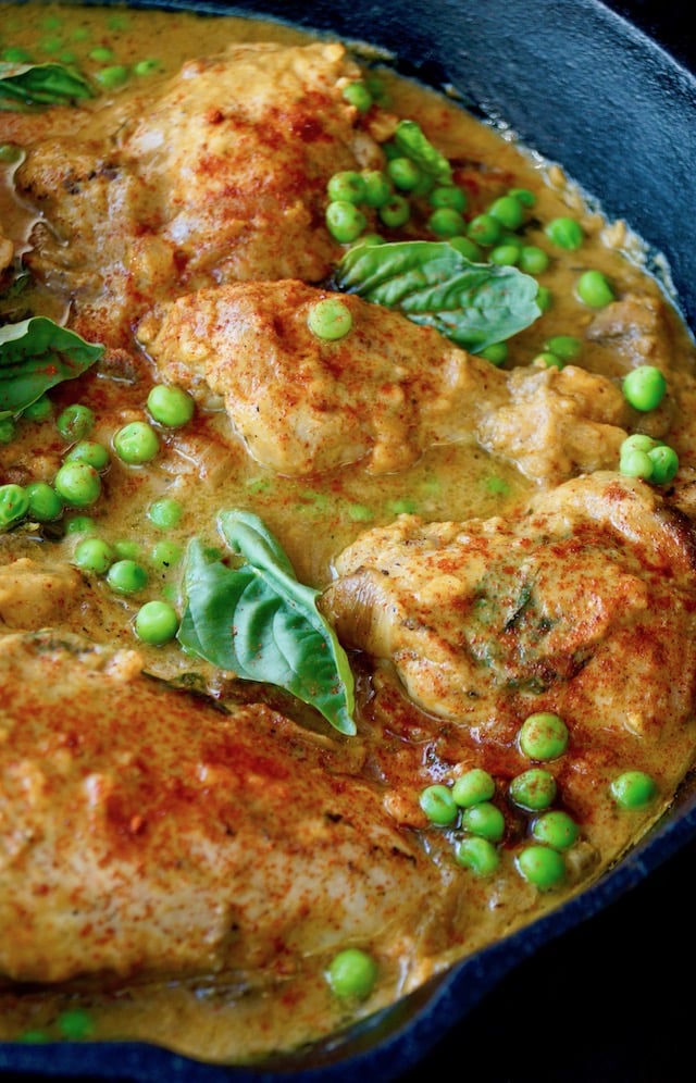 One pan dinner of Sweet Potato Chicken in a cast iron skillet