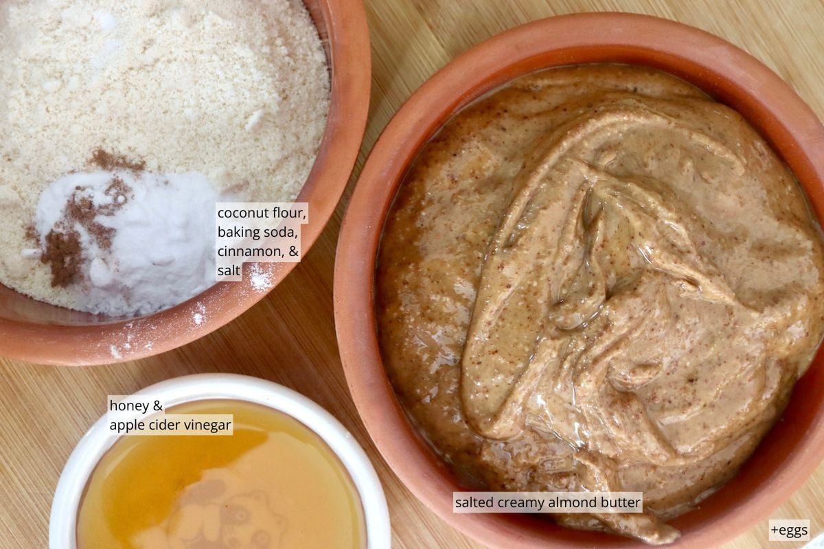 Ingredients for almond butter bread including almond butter, honey, coconut flour and spices.