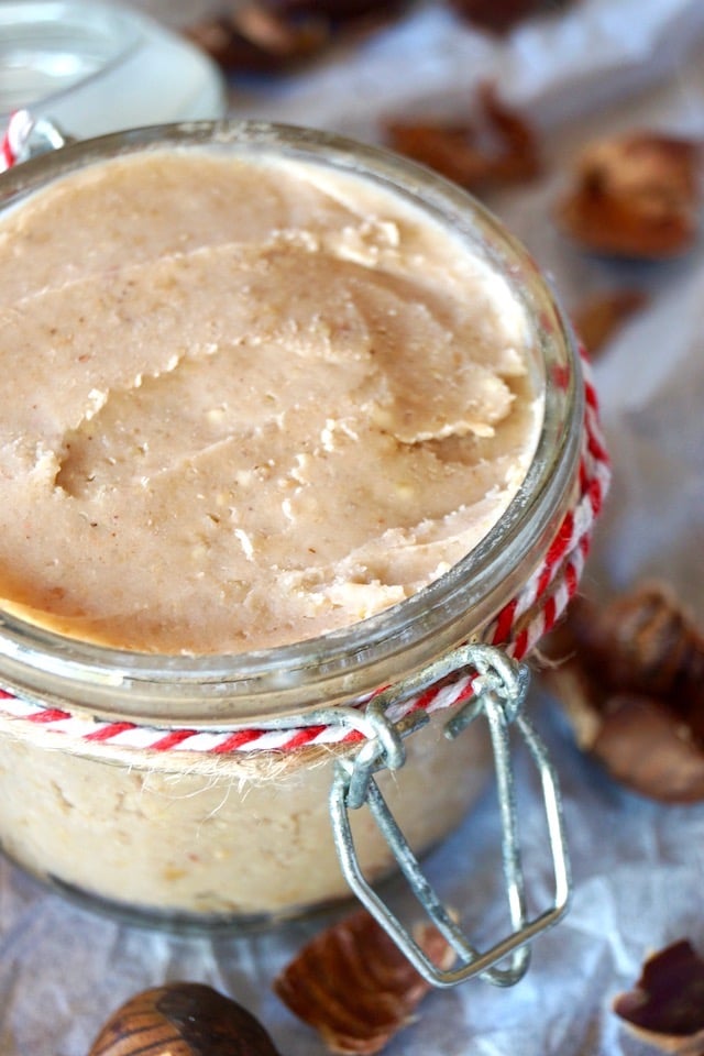 chestnut butter in a jar with red and white twine around it