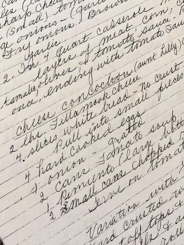 lined paper with a handwriten recipein cursive