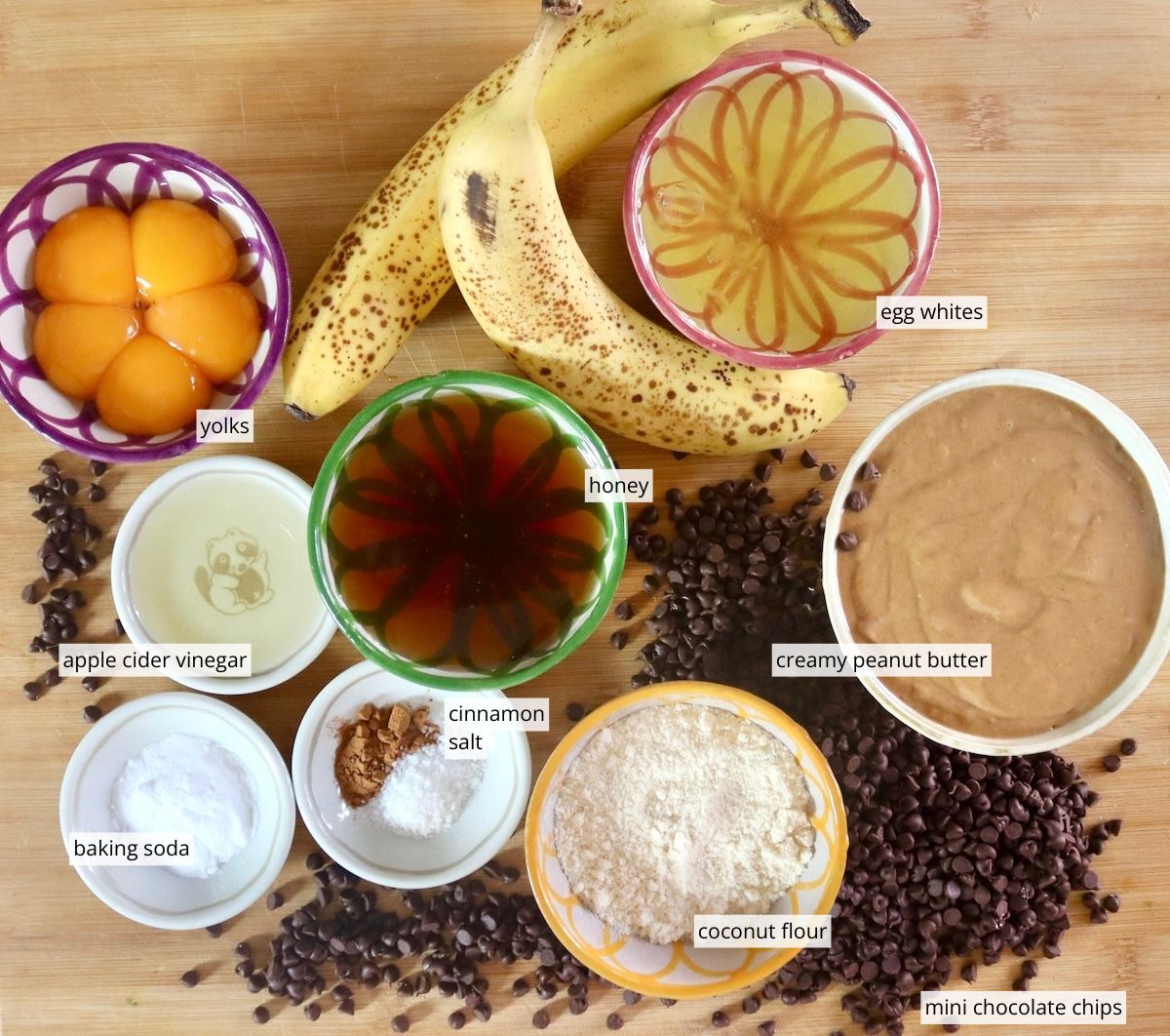 Ingredients for banana peanut butter chocolate chip muffins, including eggs, mini choc chips, peanut butter, baking soda, cinnamon, salt, bananas and coconut flour.