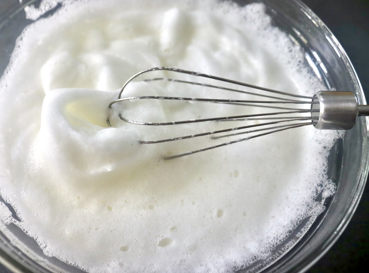 Egg whites mixed to stiff peaks, with whisk.