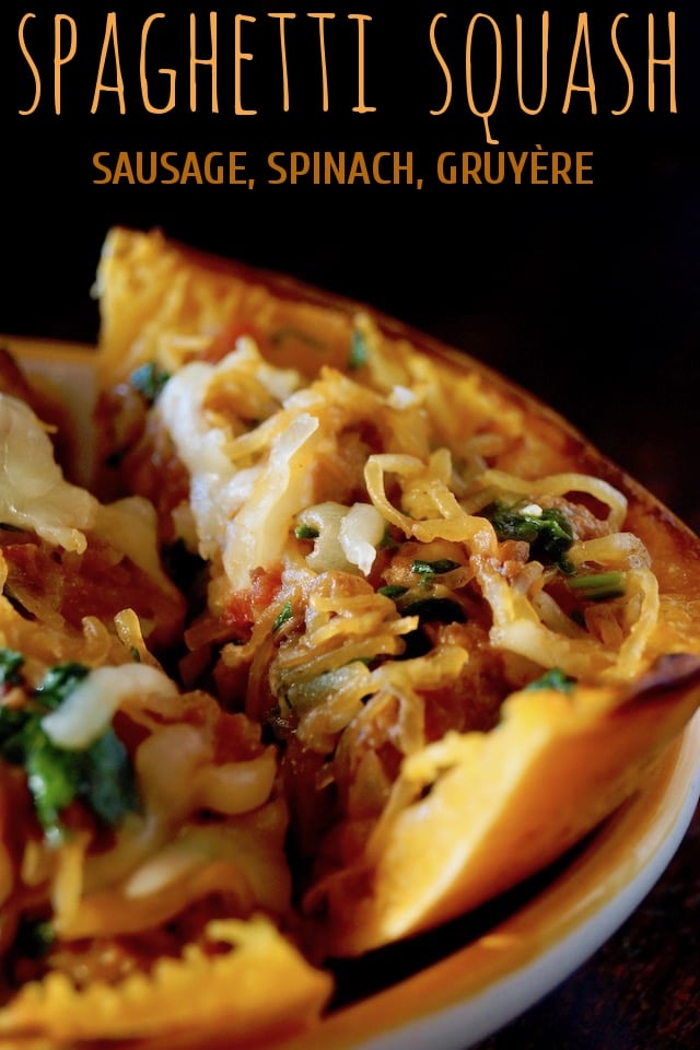 One slice of Spinach-Sausage Stuffed Spaghetti Squash, with a black background.