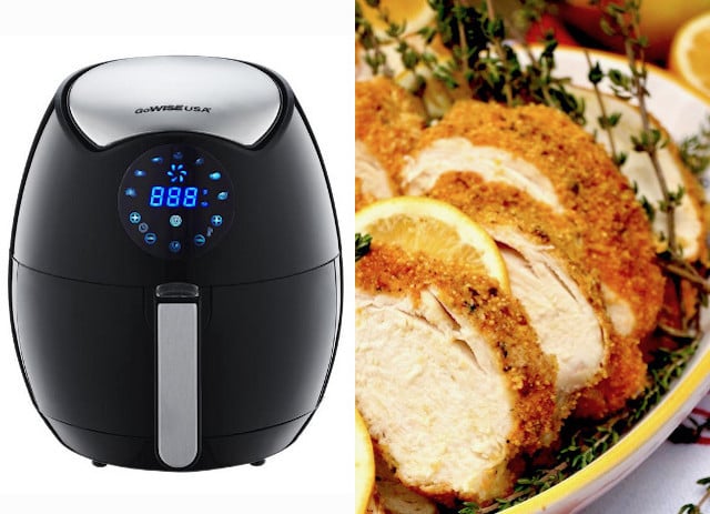 GoWise Air Fryer and sliced AIr Fryer Gluten-Free Lemon Fried Chicken with fresh thyme.
