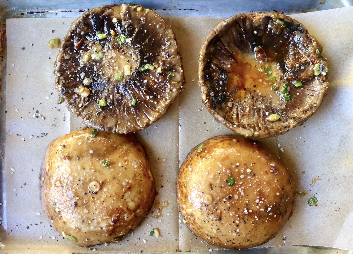 Marinated-Grilled-Portobello-Mushrooms Marinated portobello mushrooms with salt and pepper.