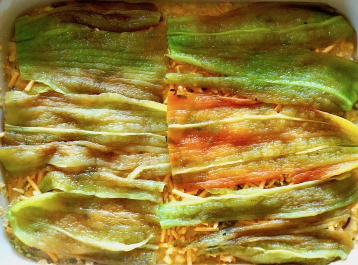 Layer of opened, roated and peeled hatch chiles on a layer of cheese in a casserole dish.