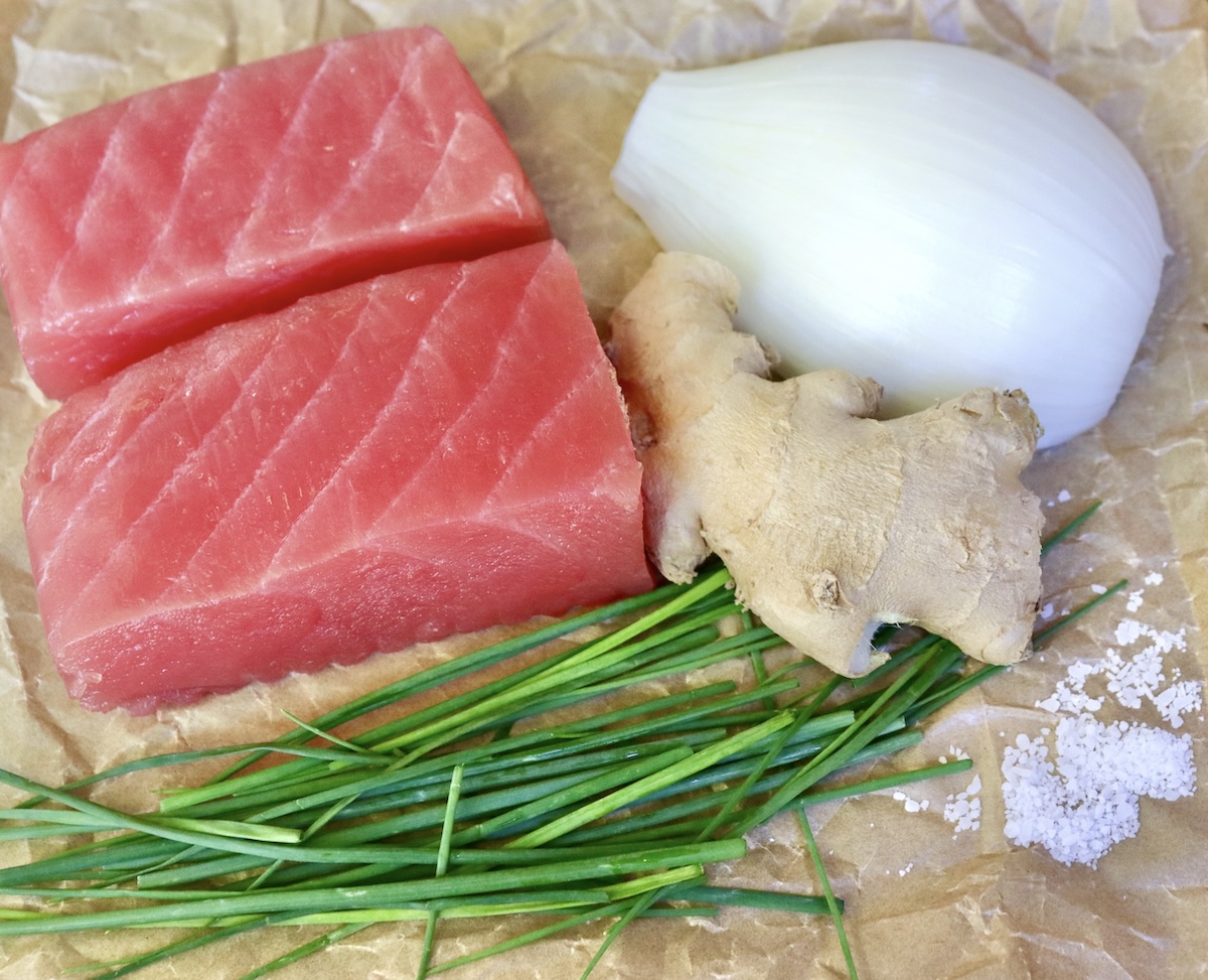 Ahi-Tuna-Tartare-with-Ginger Ahi Tuna Tartare ingredients including raw tuna, fresh chives, white onion, ginger and salt.