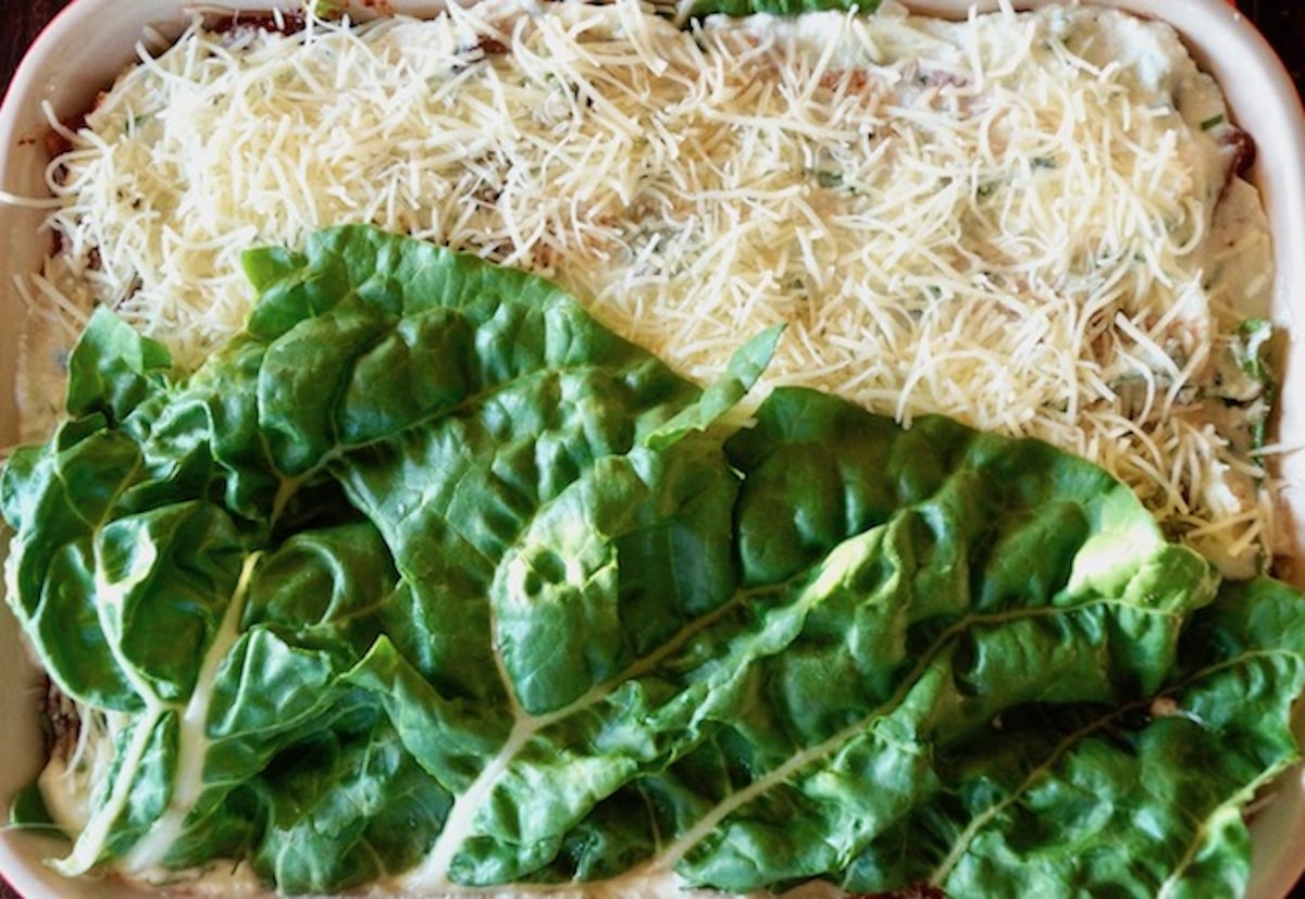 Vegetarian-Swiss-Chard-Lasagna Thick layer of grated mozzarella cheese in a casserole dish being covered with big Swiss chard leaves.