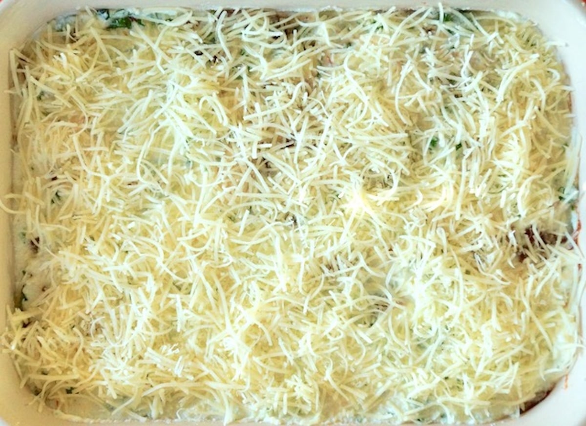 Vegetarian-Swiss-Chard-Lasagna Sauce with a layer of big chard leaves over it, coated with a thick layer of grated mozzarella cheese, in a casserole dish.