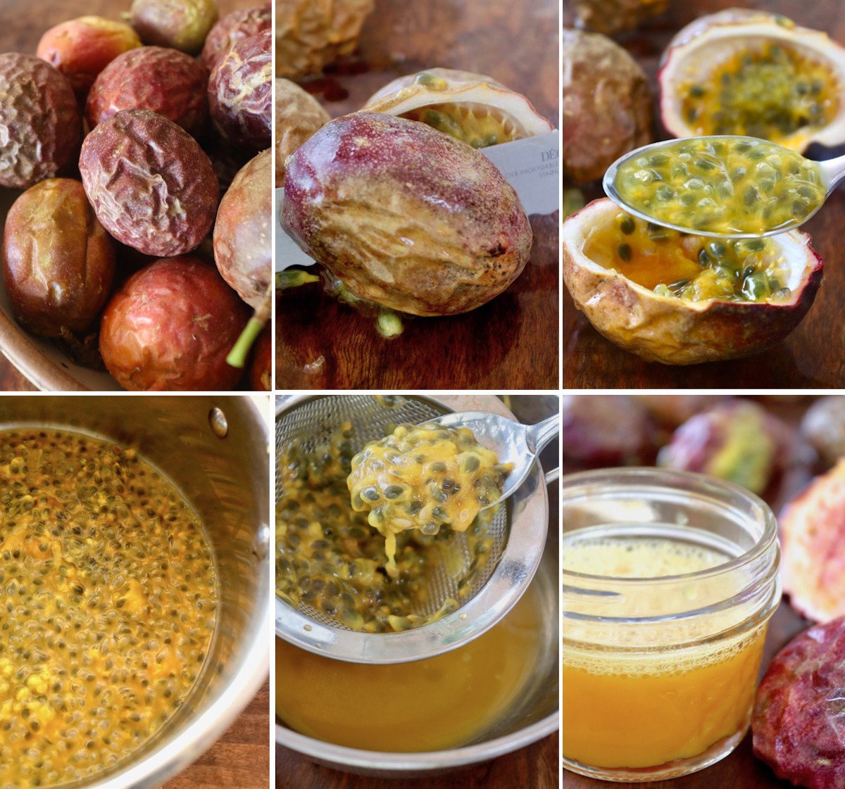 6 Step-by-step photos of how to cut and juice passion fruit.