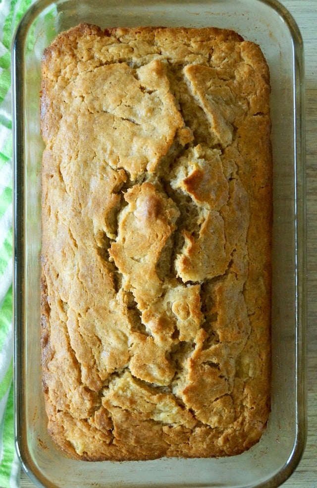 baked loaf of guava bread in pan.