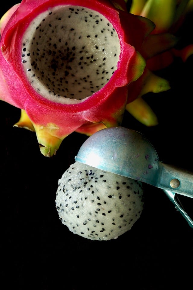 Dragon fruit with one scoop in an ice cream scooper