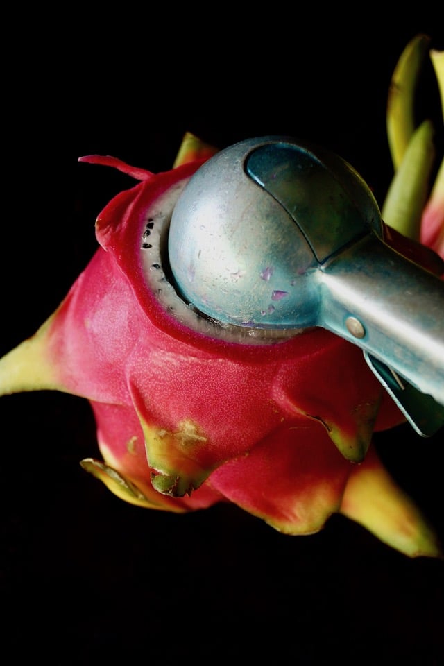 Dragon fruit with one scoop in an ice cream scooper