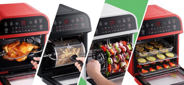 4 air GoWISE USA air fryer ovens in red, white and black.