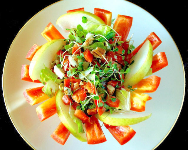 Pear and Gorgonzola Salad held in an fanned enjoya pepper bowl